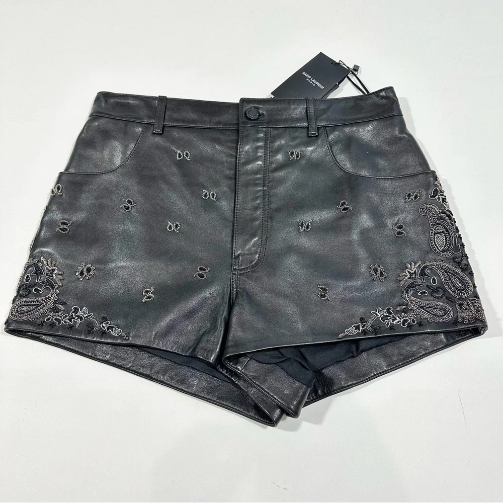 YSL Saint Laurent High Rise Embellished Embroidered Lambskin Leather Shorts - Picture 8 of 15